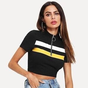 shein - o-ring half zip rib knit crop top tee striped graphic